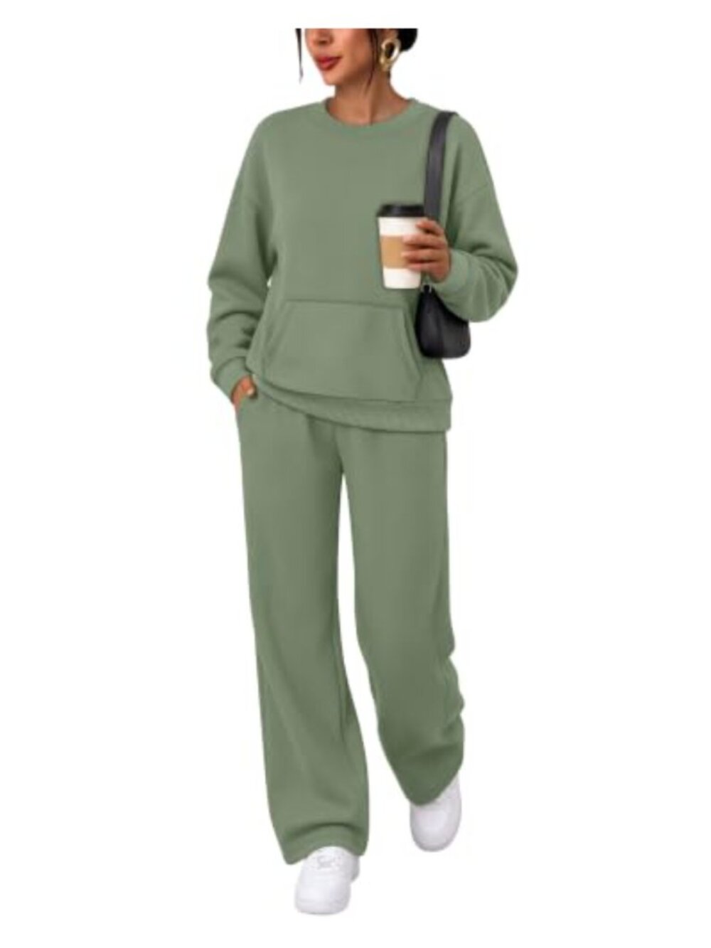 Women's 2 Piece Sweatsuit Lounge Set Fleece Lined Wide Leg Pants